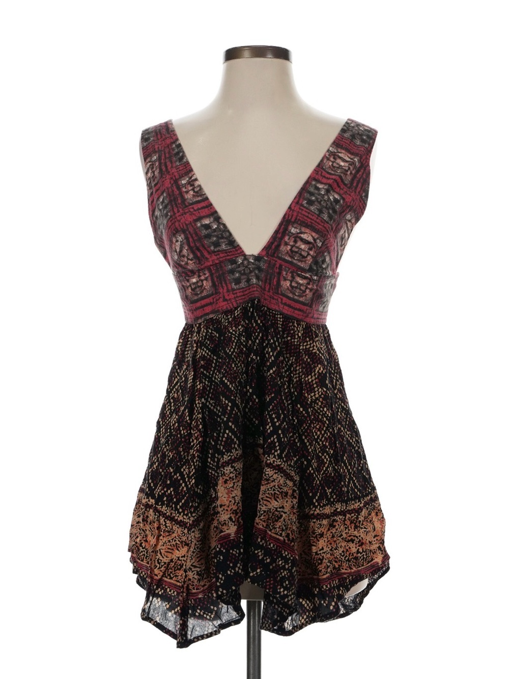 Free People Mixed-Print V-Neck Tank in Burgundy and Black